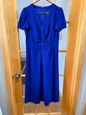 DKNY Cobalt Blue Midi (False) Button-Front V-Neck Dress
